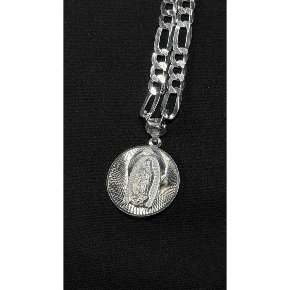 925 Sterling Silver Figaro Chain Necklace Saint Jude Virgin Mary Pendant 24 inch - Picture 9 of 9